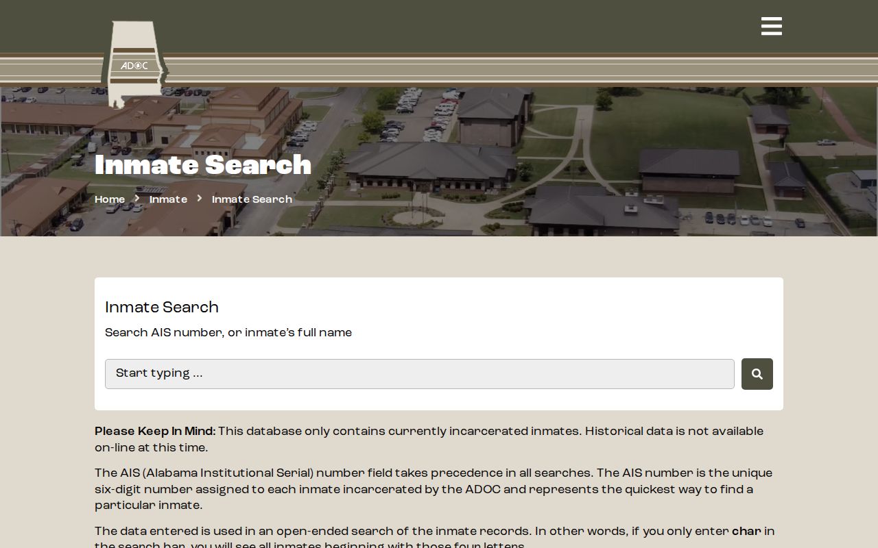 Alabama Department of Corrections inmate search form for current state prison custody