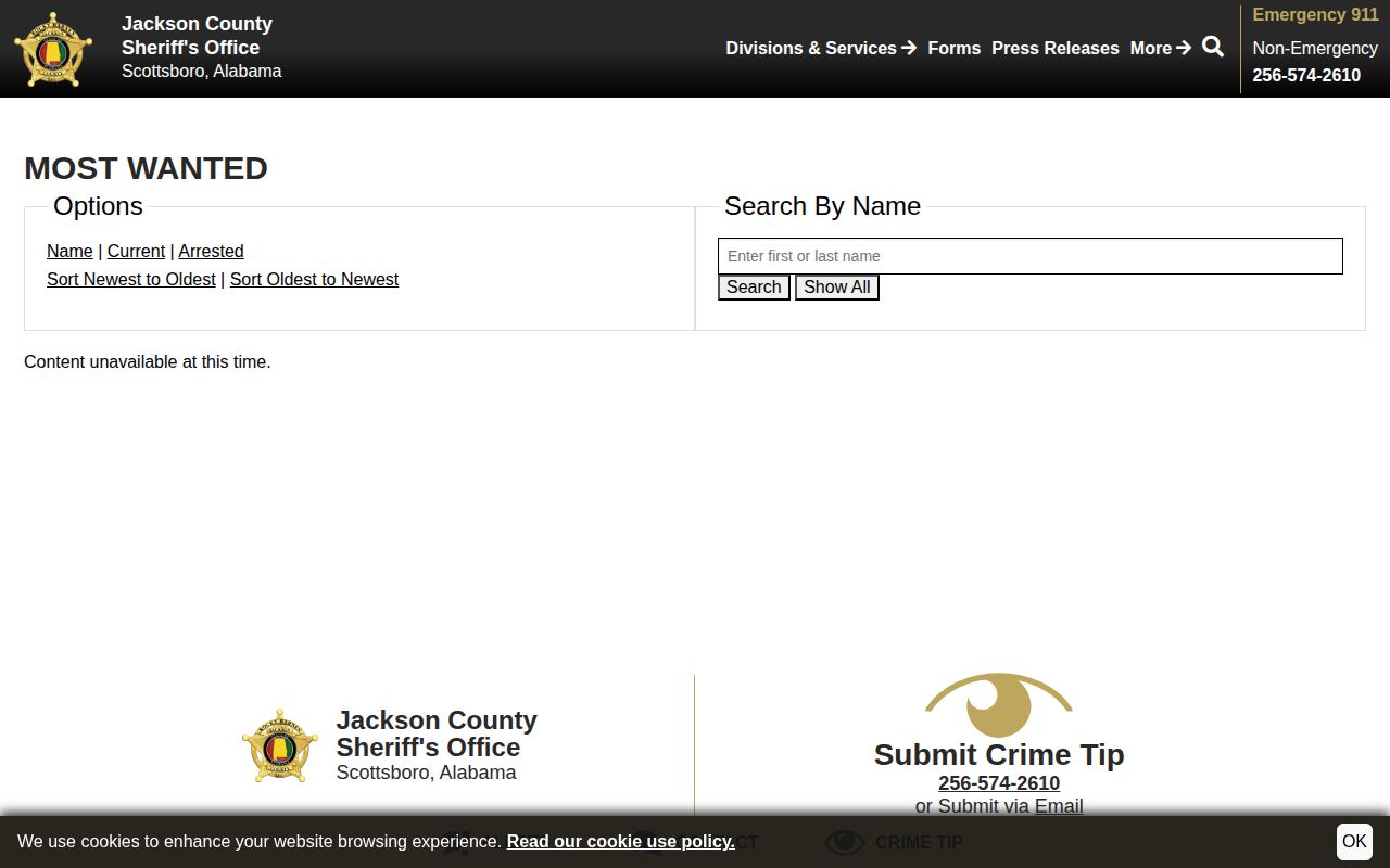 Jackson County Sheriff's Office Most Wanted page showing unavailable content