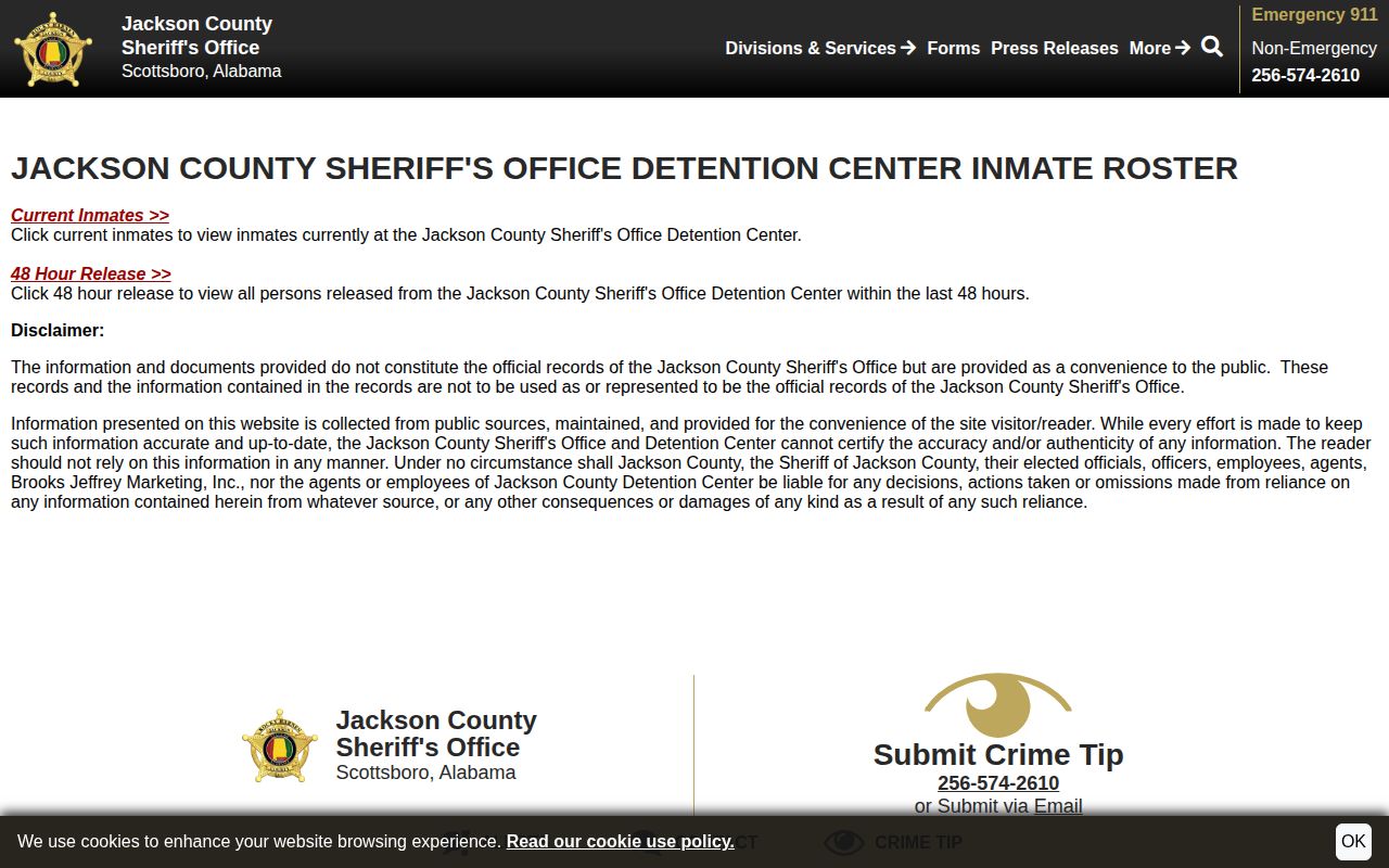 Jackson County Sheriff's Office inmate roster landing page with Current Inmates and 48 Hour Release choices