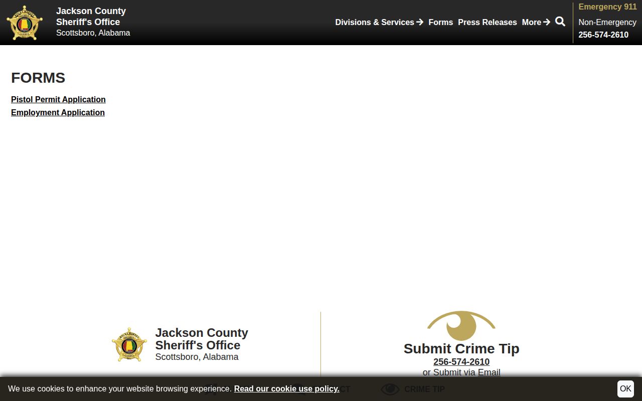 Jackson County Sheriff's Office forms page without a booking records request form