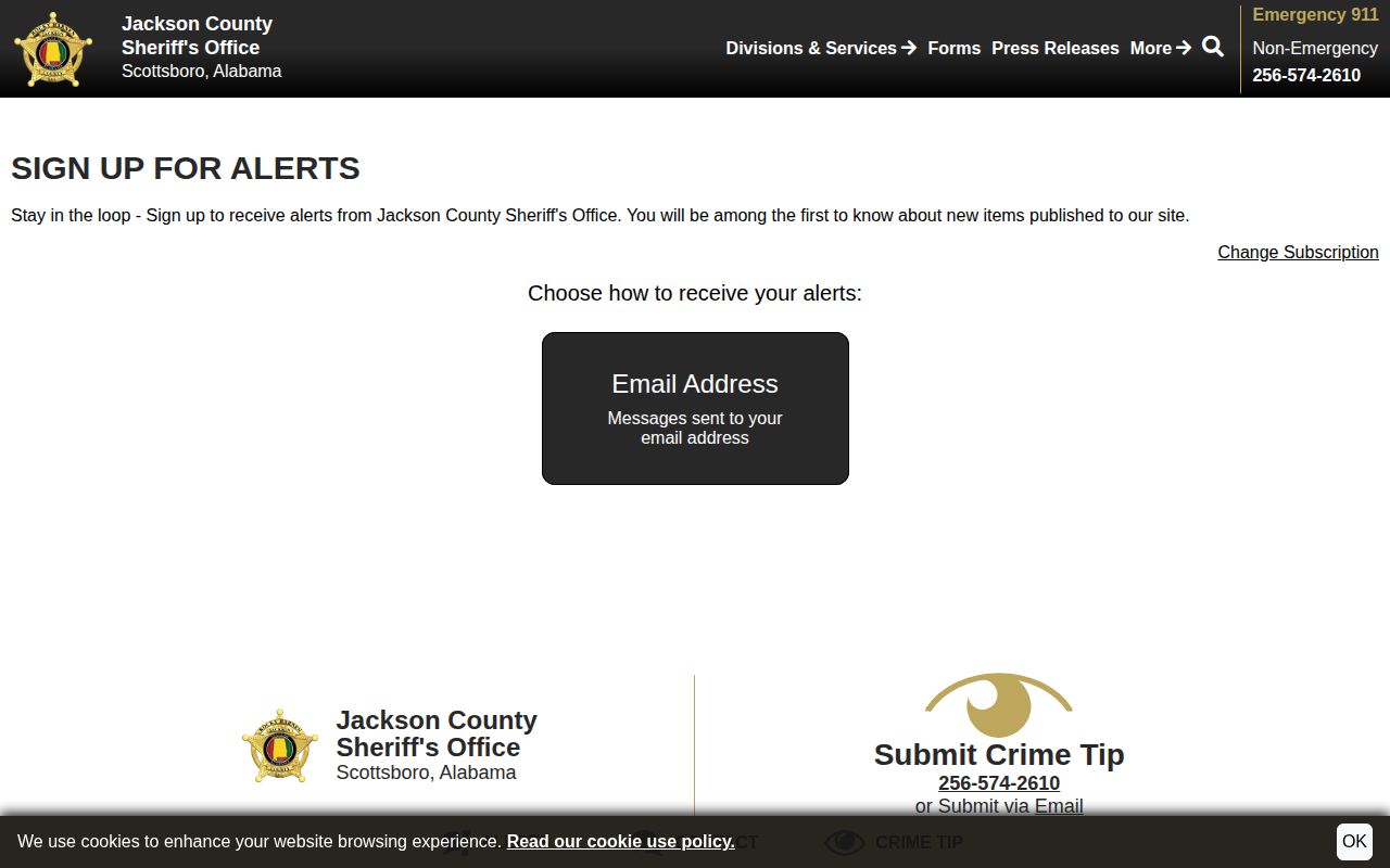 Jackson County Sheriff's Office website publication alerts signup