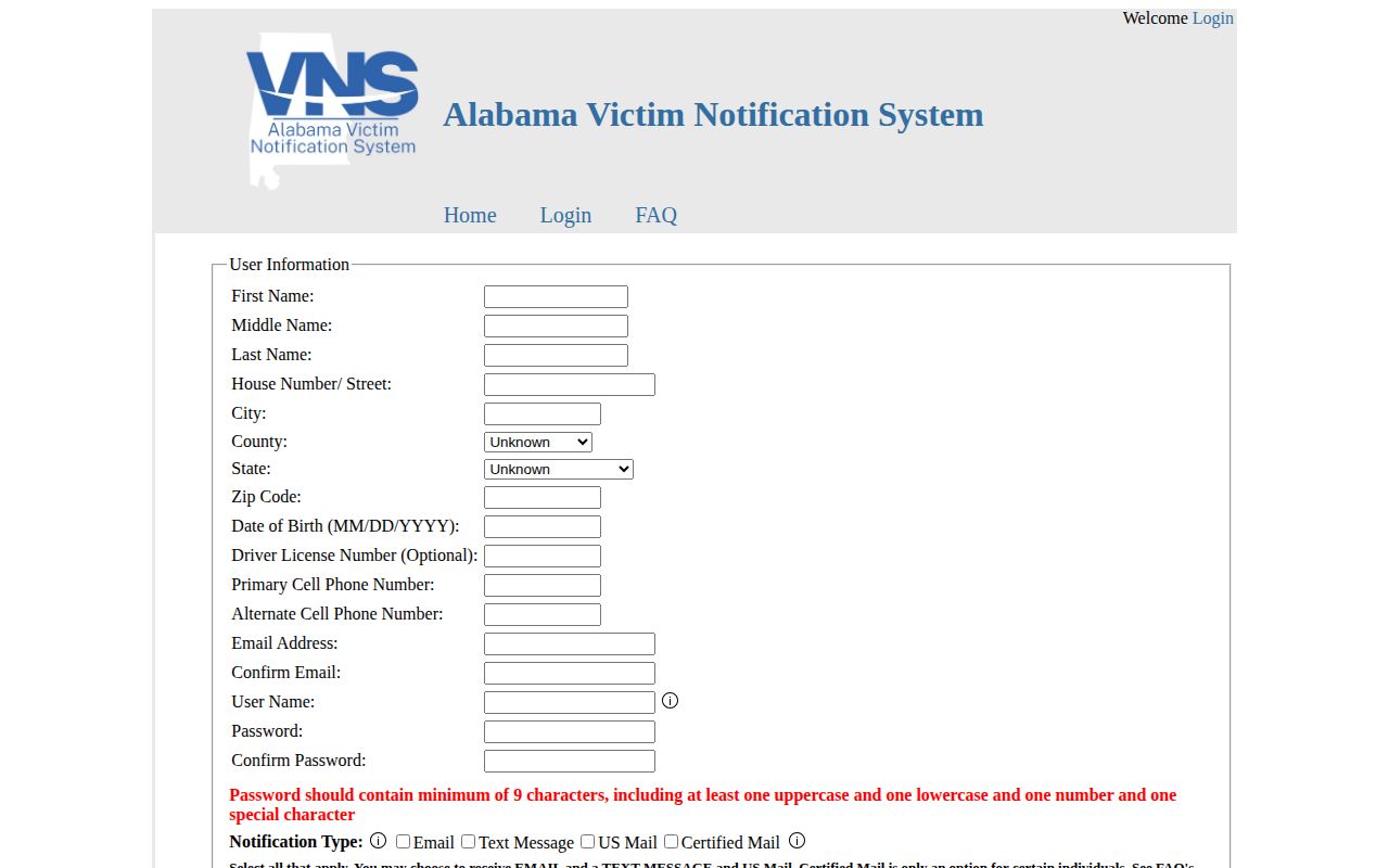 Alabama VNS new user registration fields and notification options