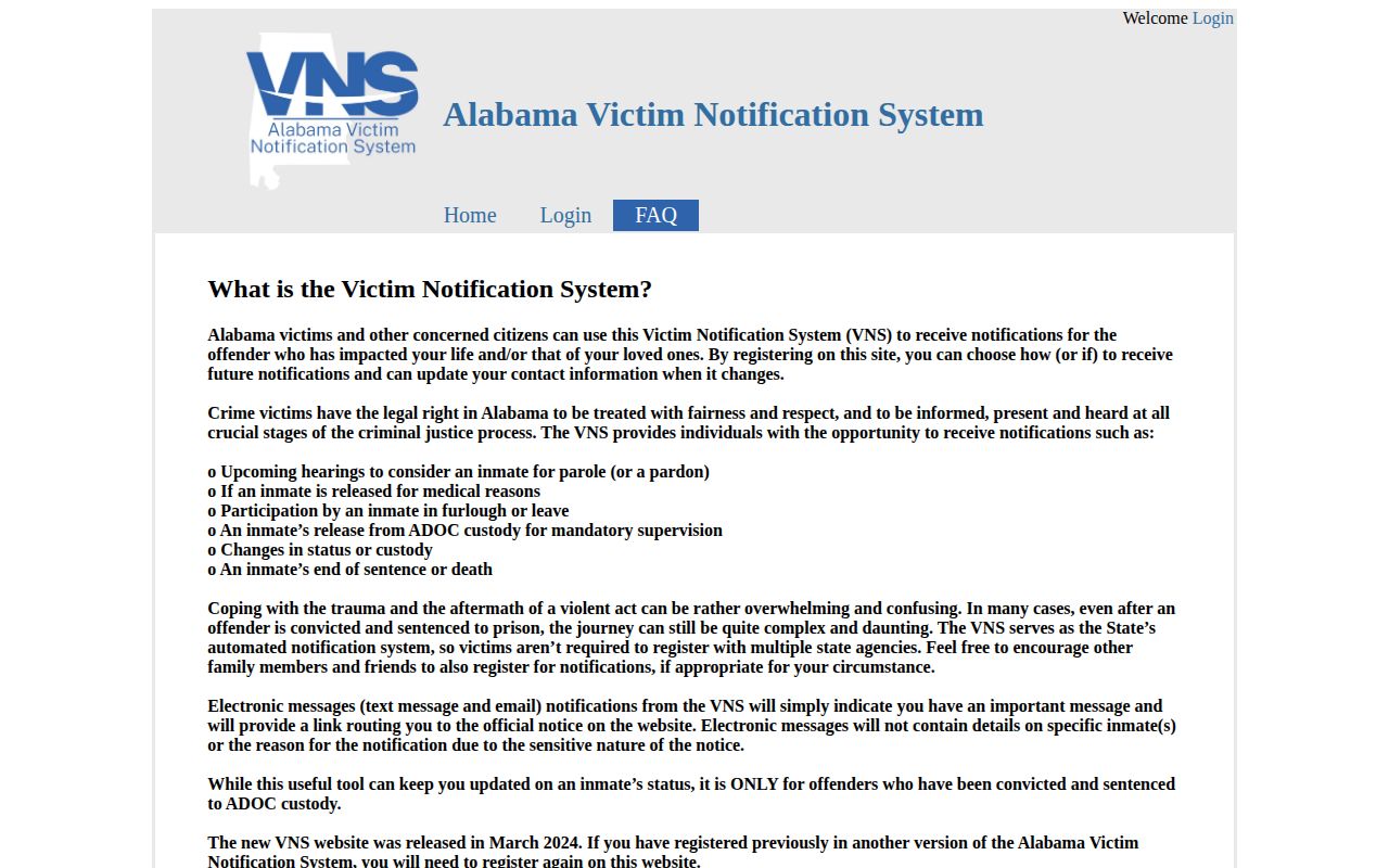 Alabama VNS official notification scope and frequently asked questions