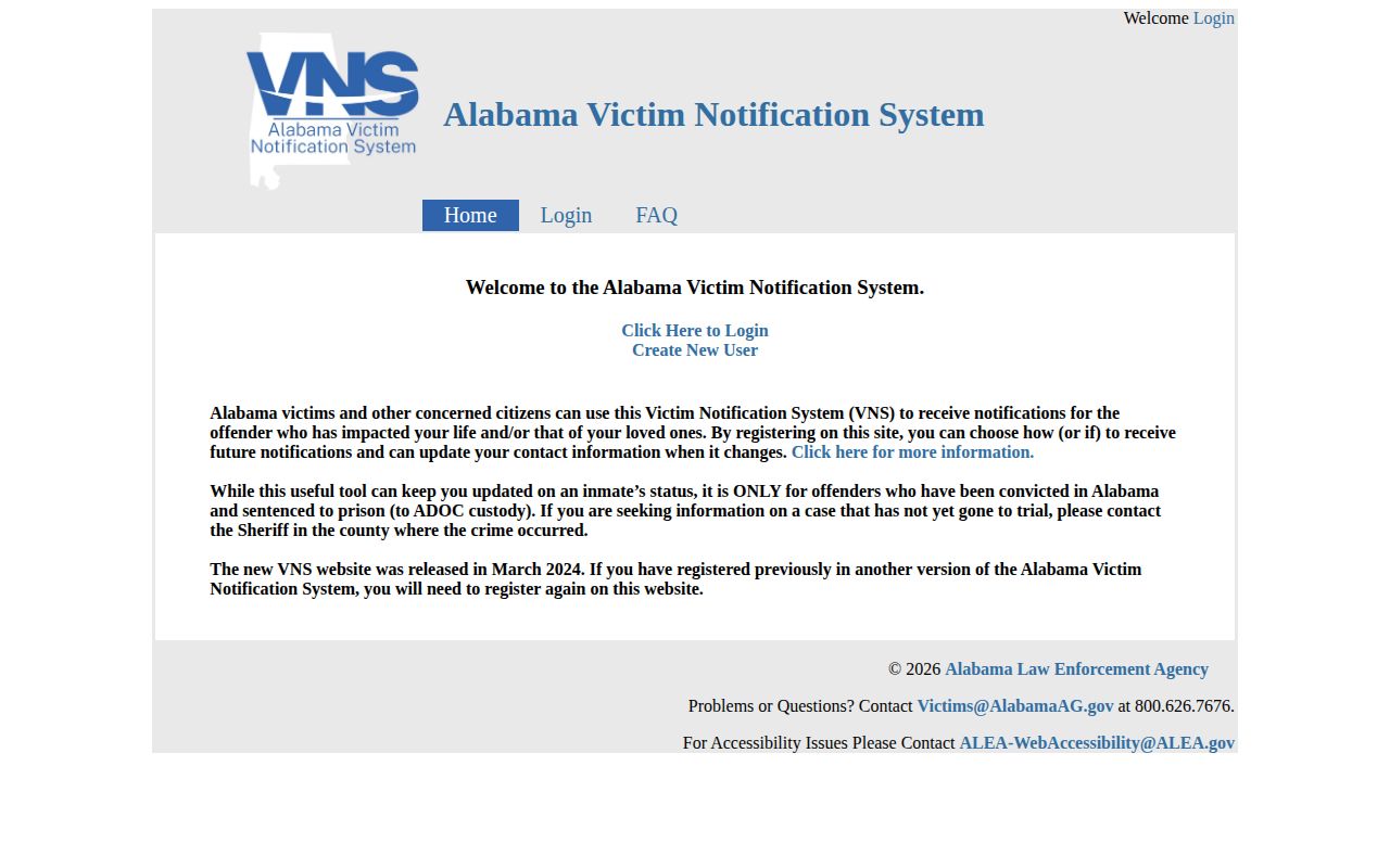 Alabama Victim Notification System official home and search entry
